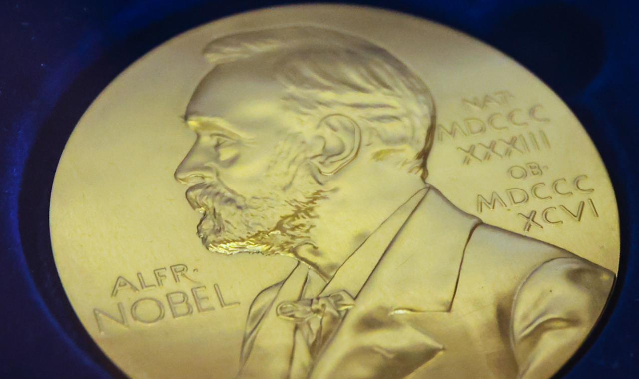 Gold medal in blue background with a picture of Nobel sketched out of the coin and roman numerals on the right.